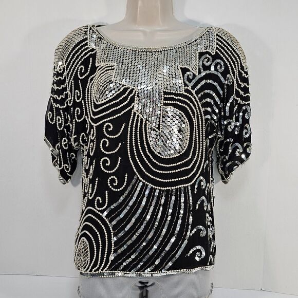 Vintage Swee Lo Silk Sequin Beaded Top PL Black Silver Art Deco Party Blouse - Picture 1 of 10